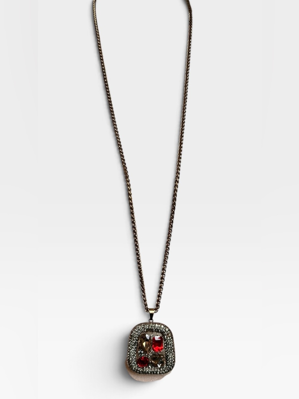 Vintage Style Red & Smoky Crystal Pavé Square Pendant Necklace Moody Vibe - Picture 3 of 7